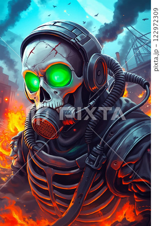 A skeleton wearing a gas mask and headphones in front of a fire 122972309