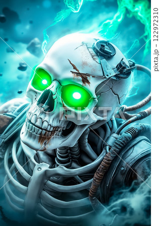 A skeleton with green eyes and a helmet on 122972310