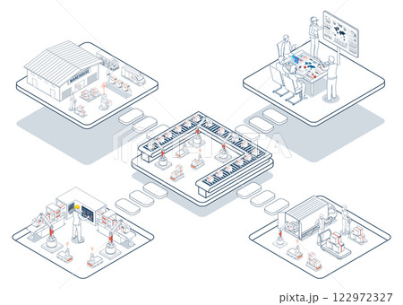 3D Isometric logistics supply chain integrates fleet management, warehousing, and planning systems, utilizing AGVs and AMRs for automated warehouse operations. 3D Isometric logistics supply chain integrates fleet management, warehousing, and planning systems, utilizing AGVs and AMRs for automated warehouse operations. 122972327