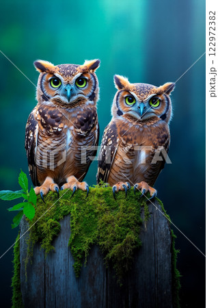Two owls sitting on top of a wooden post with moss 122972382