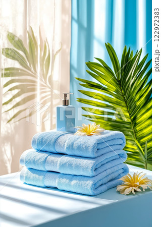 A stack of blue towels sitting on top of a white table 122972383