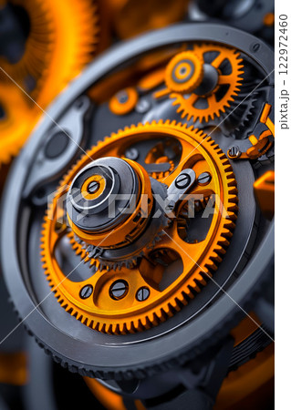 A close up of a watch with orange gears on it 122972460