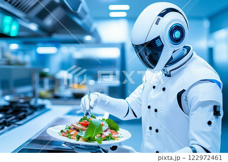 A robot chef holding a plate of food in a kitchen 122972461