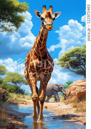 A giraffe and an elephant walking across a river in the wild 122972463