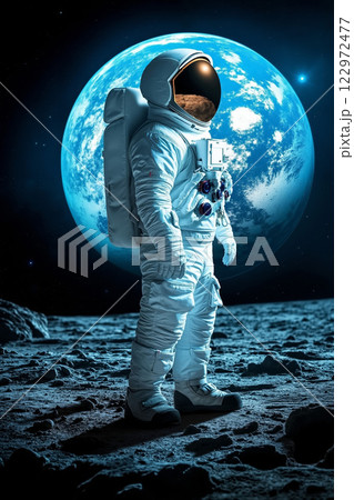An astronaut standing on the moon with a backpack An astronaut standing on the moon with a backpack 122972477