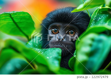 A baby monkey peeking out from behind some green leaves 122972479