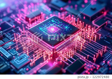 A computer chip on top of a circuit board 122972480