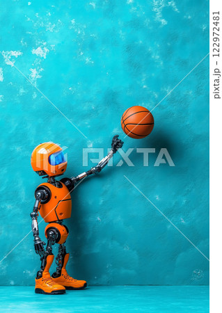An orange robot holding a basketball in his hand 122972481