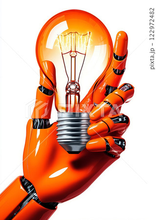 An orange robot hand holding a light bulb in its hand 122972482