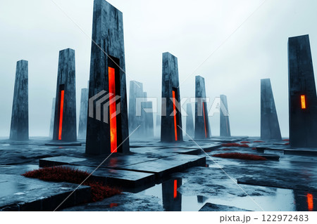 A group of concrete pillars with red lights in the middle of a foggy city 122972483