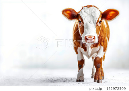A brown and white cow standing in the snow 122972509