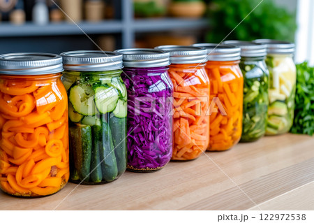 A row of jars filled with different types of vegetables on a table 122972538