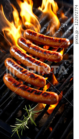 Five grilled sausages on grill. Coals are on fire. For barbecue. Vertical layout. AI illustration 122972774
