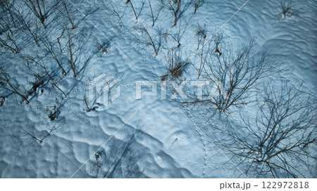 富山県の東部の朝日町を流れる小川の近くに積もった雪に残る野生動物の足跡 122972818