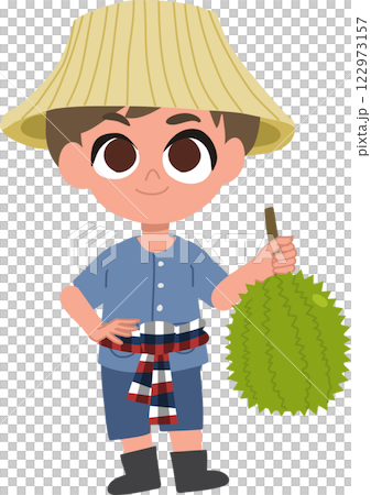 Cute cartoon thai farmer with durian tropical fruit Cute cartoon thai farmer with durian tropical fruit 122973157