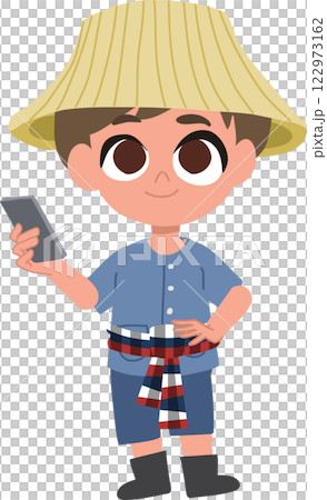 cute male farmer cartoon with smartphone 122973162