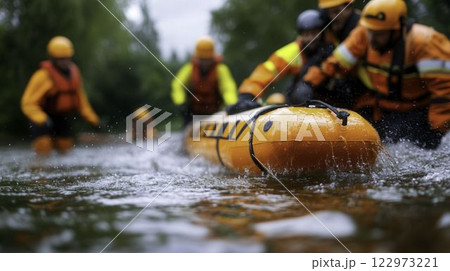 Emergency Rescue Team in Action Assisting Person in Water Rescue 122973221