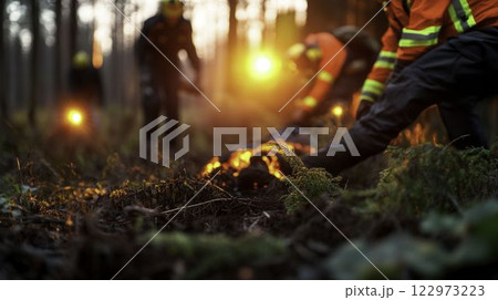 Emergency Rescue Team in Action Helping Person During Fire Incident 122973223
