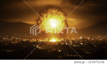 Spectacular Fireworks Exploding in the Night Sky over a Cityscape Spectacular Fireworks Exploding in the Night Sky over a Cityscape 122973238