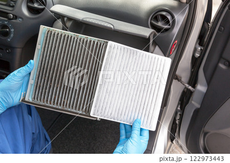 Dirty and clean cabin pollen air filter for a car Dirty and clean cabin pollen air filter for a car 122973443