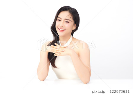 Beautiful young asian woman with clean fresh skin on white background, Face care, Facial treatment, Cosmetology, beauty and spa, Asian women portrait. 122973631