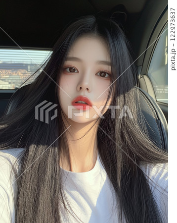 長い黒髪の可愛いアジア人女性が車の中で自撮りをしているシーン。超リアルなAI生成イラスト。 122973637