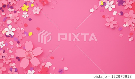 色とりどりの桜の花や花びらと鮮やかなピンクの背景 122973918