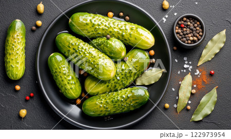 Whole pickled cucumbers glisten with brine, surrounded by spices on a dark plate, creating a trendy snack 122973954