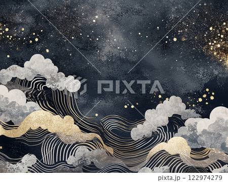 琳派風雲と波の背景 122974279