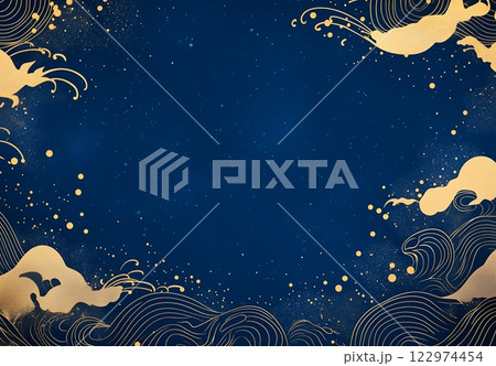 日本風金雲とライトドット:青色の謎と優雅に包まれた背景 日本風金雲とライトドット:青色の謎と優雅に包まれた背景 122974454