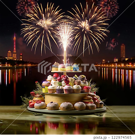There are many different cakes and muffins on the fruit bowl. The decorative arrangement of the cakes resembles the shape of a cake, behind which fireworks are visible. 122974565