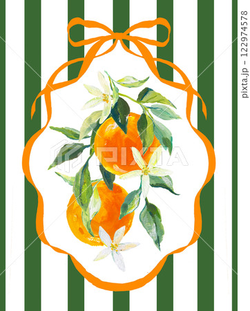 Beautiful composition with watercolor fresh oranges with leaves and flowers and blue bows in sunny Mediterranean style. Ready clip art for your design. 122974578