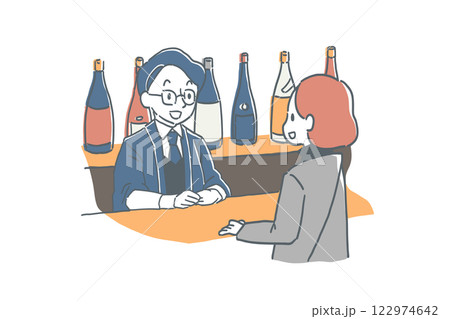 酒屋で接客している男性店員と女性客のイラスト 122974642
