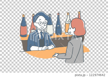 Illustration of a male clerk and a female customer serving at a liquor store 122974642