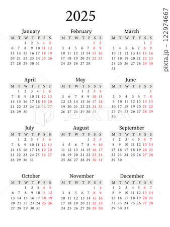 2025 Yearly Calendar Vector Vertical, Monday Start, Clean Design, Printable Template 122974667