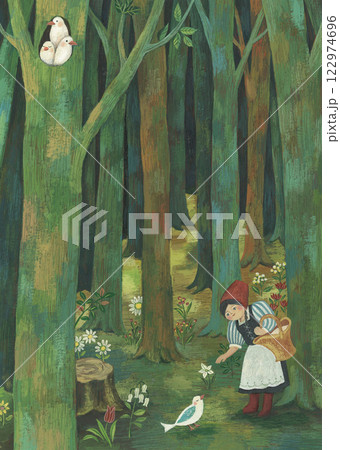 水彩絵の具で描いた、森の中で可愛い小鳥と出会った女の子の