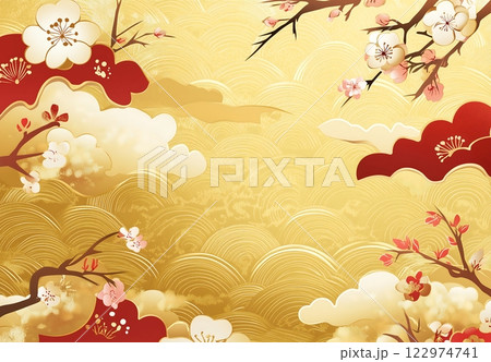 新春を彩る白背景の梅と金装飾の高感度デザイン 122974741