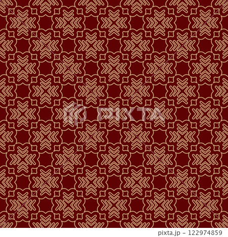 Seamless gold ornament on a red background. The composition of colorful elements creates a seamless pattern. National ornament. Idea for textiles, textures, prints, wallpapers, clothes and interior, 122974859