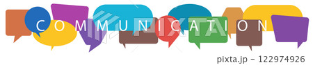 Text on a illustration COMMUNICATION. Flat style. Word communication with colorful multicolored dialog speech bubbles. Vector illustration of communication concept on white isolated background. Text on a illustration COMMUNICATION. Flat style. Word communication with colorful multicolored dialog speech bubbles. Vector illustration of communication concept on white isolated background. 122974926