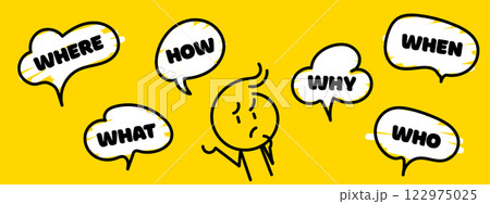 Question who, what, how, why, for what and where. Speech bubble with ask question and doodle stick man. Vector illustration on yellow background. Vector illustration. Speak english. 122975025