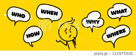 Question who, what, how, why, for what and where. Speech bubble with ask question and doodle stick man. Vector illustration on yellow background. Vector illustration. Speak english. 122975026