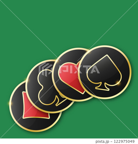Hearts, diamonds, clubs and spades chips sign icon. Vector illustration chips on green background. Glossy playing card suit symbol with gold border. Hearts, diamonds, clubs and spades chips sign icon. Vector illustration chips on green background. Glossy playing card suit symbol with gold border. 122975049
