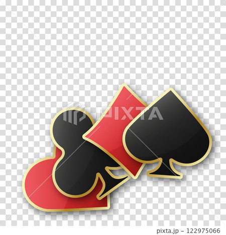 Hearts, diamonds, clubs and spades chips sign icon. Vector illustration chips on transparent background. Glossy playing card suit symbol with gold border. 122975066