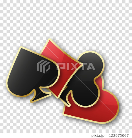 Hearts diamonds clubs spades sign realistic chips. Glossy playing card suit symbols with gold border. Vector illustration card sign on transparent background. 122975067