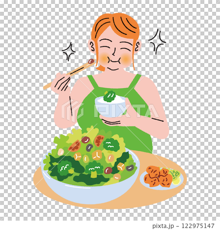 肥満の女性が美味しそうにサラダを食べる 122975147