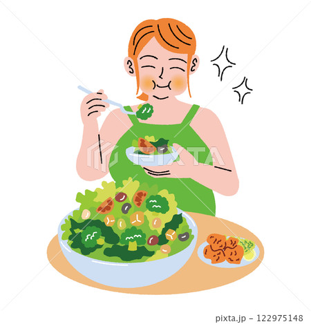 肥満の女性が美味しそうにサラダのみを食べる 肥満の女性が美味しそうにサラダのみを食べる 122975148