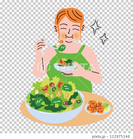 肥満の女性が美味しそうにサラダのみを食べる 肥満の女性が美味しそうにサラダのみを食べる 122975148