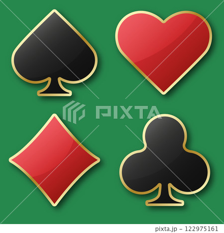 Hearts diamonds clubs spades sign realistic chips. Glossy playing card suit symbols with gold border. Vector illustration card sign with shadows on green background. Hearts diamonds clubs spades sign realistic chips. Glossy playing card suit symbols with gold border. Vector illustration card sign with shadows on green background. 122975161