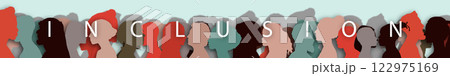 Word - Inclusion. Silhouette profile group of men and women of diverse culture and different countries. Diversity multiethnic people. 122975169