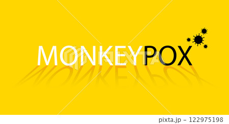 Banner with yellow background and text in black and white Monkeypox and with a small virus icon. The concept of a new monkey pox virus. Vector illustration. 122975198